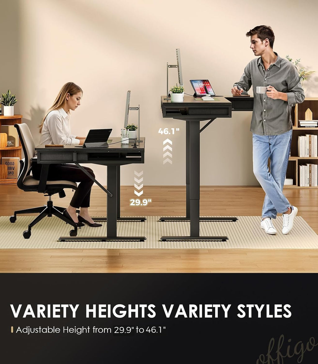 OffiGo 63 Inch L Shaped Electric Standing Desk with Drawers, Height Adjustable Large Desk with Power Outlets, Sit Stand Table, Writing Computer Desk for Home, Office, Workstation, Black