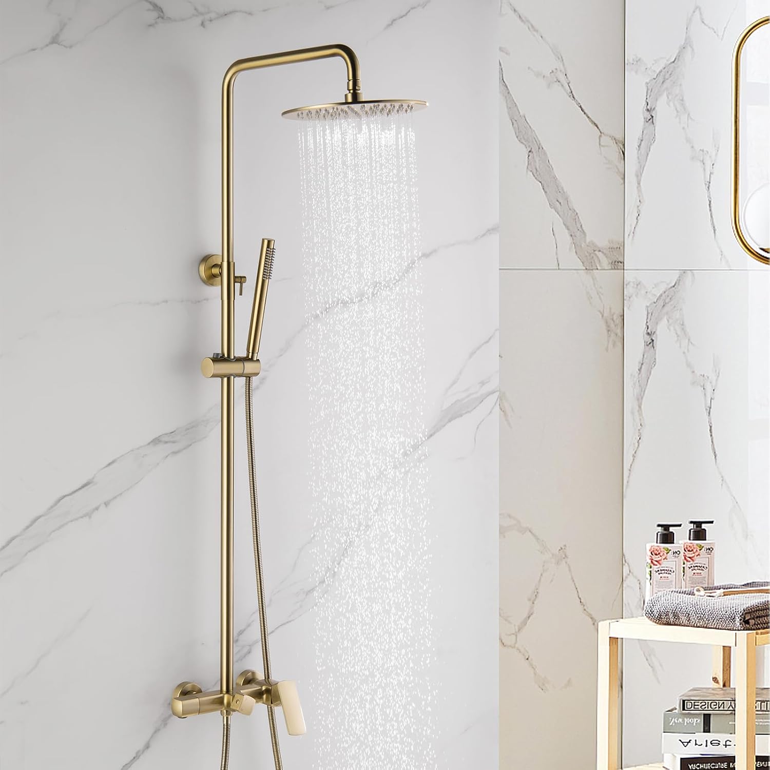 Exposed Shower System with Rain Shower and Handheld Sprayer, Outdoor Shower Fixture with Tub Spout, Rainfall Showerhead Faucet Combo Set for Bathroom Height Adjustable Shower Mixer Brushed Gold
