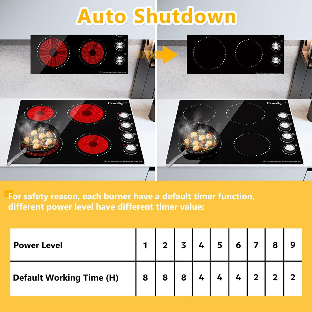 24 Inch Electric Cooktop, 4 Burner Ceramic Stove with 9 Power Levels, Knob Control, Auto shutdown and Residual Heat Warning, 6000W, 220-240V for Hard Wire