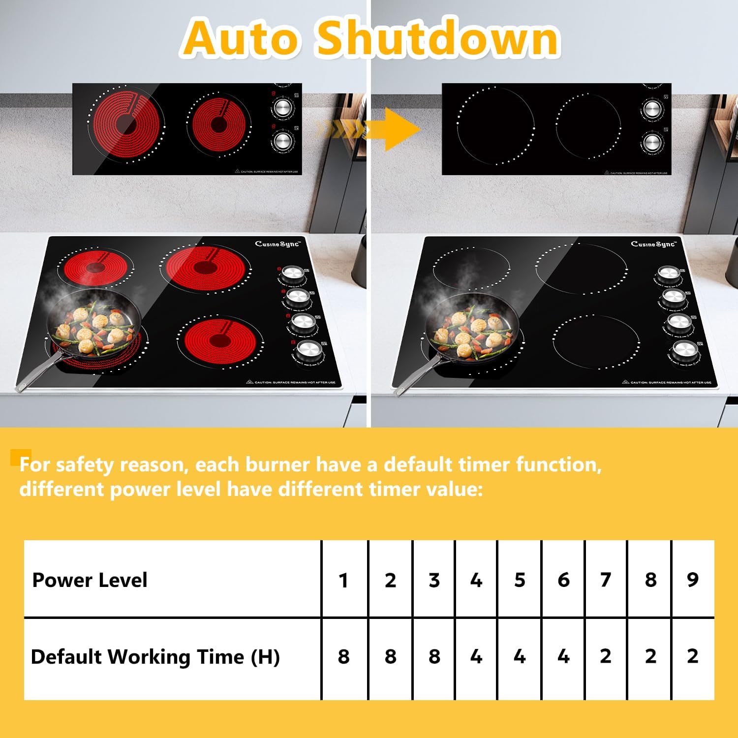 24 Inch Electric Cooktop, 4 Burner Ceramic Stove with 9 Power Levels, Knob Control, Auto shutdown and Residual Heat Warning, 6000W, 220-240V for Hard Wire