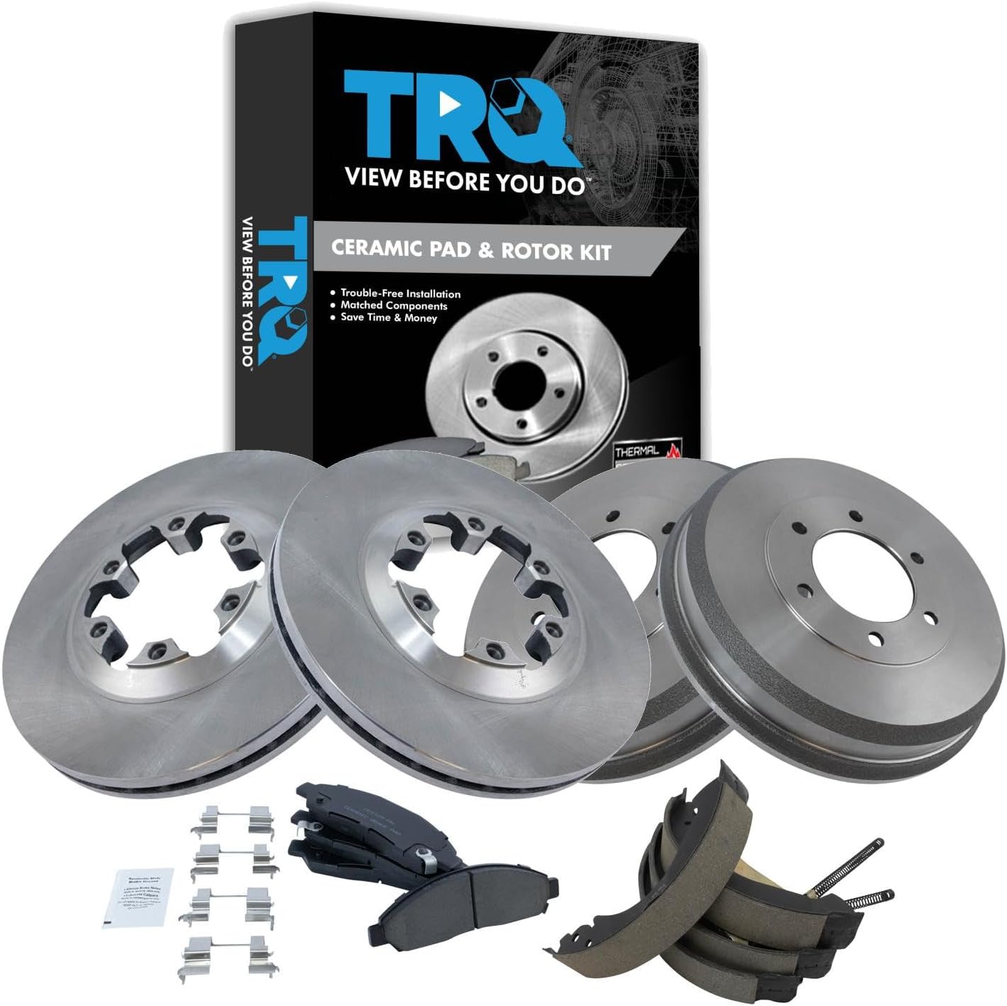 TRQ Front and Rear Brake Pad & Rotor, Shoe & Drum Kit compatible with Chevrolet GMC Isuzu