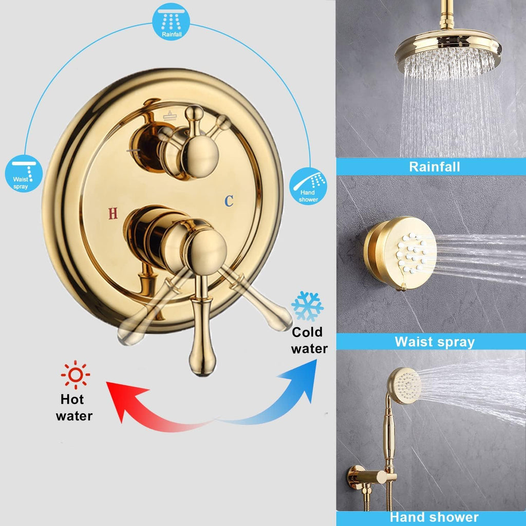 Enga Antique Shower Faucet Sets 8 inch Rainfall Head with Body Jets Handheld Spray Fixtures Combo, Brass 3 Way Diverter Rough in Valve Trim Kit, Bright Gold