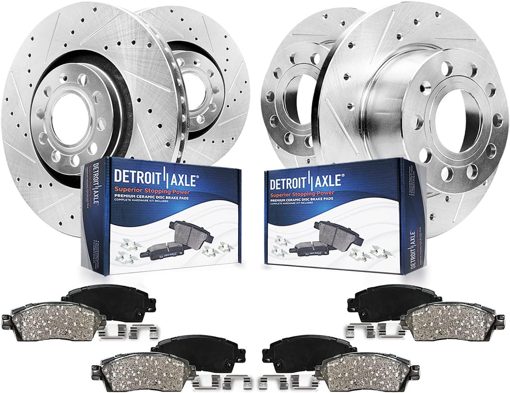 Detroit Axle - Brake Kit for 15-20 VW Passat, 12.28 inch Front and 10.70 inch Rear Drilled & Slotted Disc Brake Rotors Ceramic Brake Pads 2015 2016 2017 2018 2019 2020 Replacement