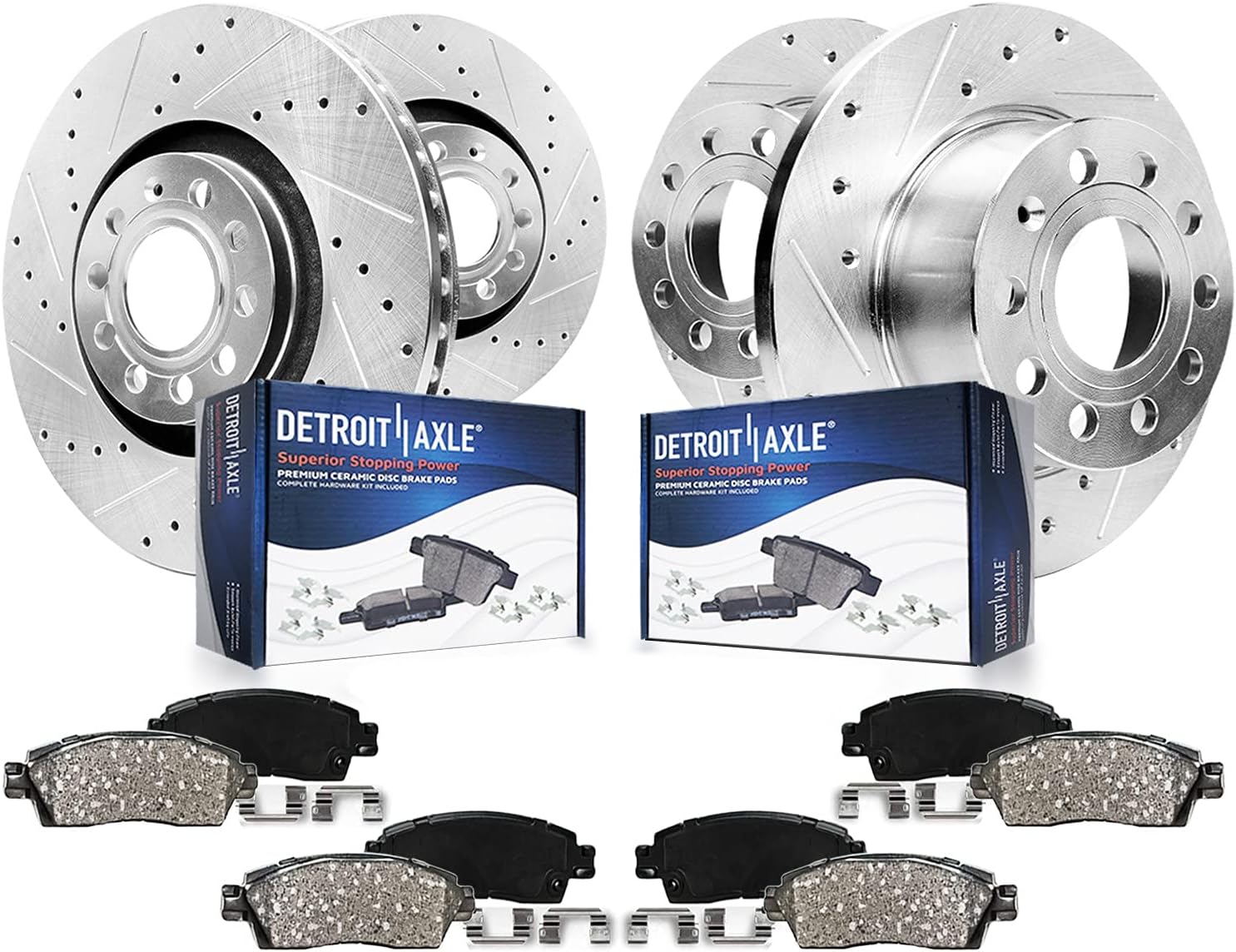Detroit Axle - Brake Kit for 15-20 VW Passat, 12.28 inch Front and 10.70 inch Rear Drilled & Slotted Disc Brake Rotors Ceramic Brake Pads 2015 2016 2017 2018 2019 2020 Replacement