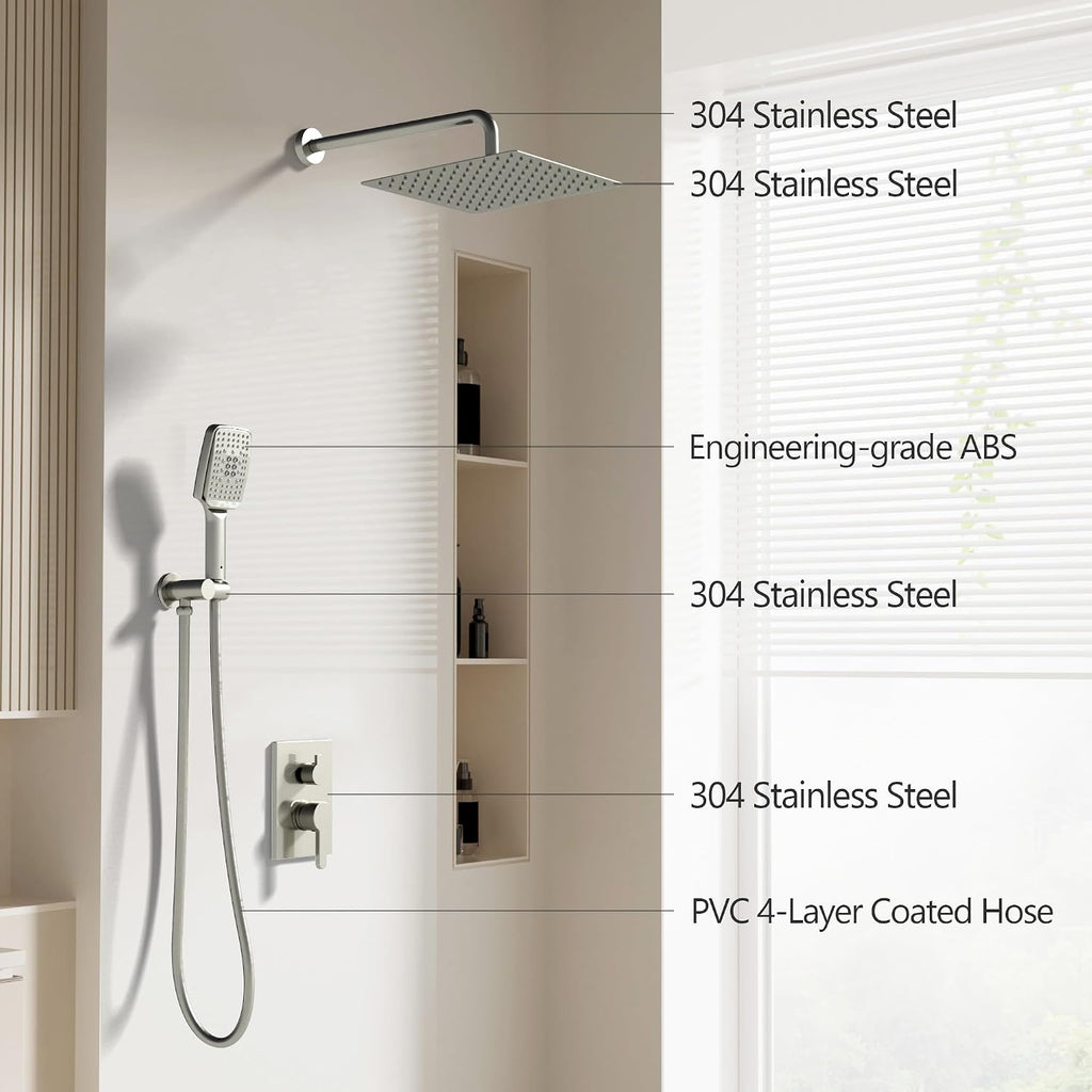 Shower Faucet Set - 12 inches Rain Shower System with 6 Function Handheld Shower Head Rough in Pressure Balance Valve Kit - Stainless Steel Bathroom Shower Kit Complete Brushed Nickel