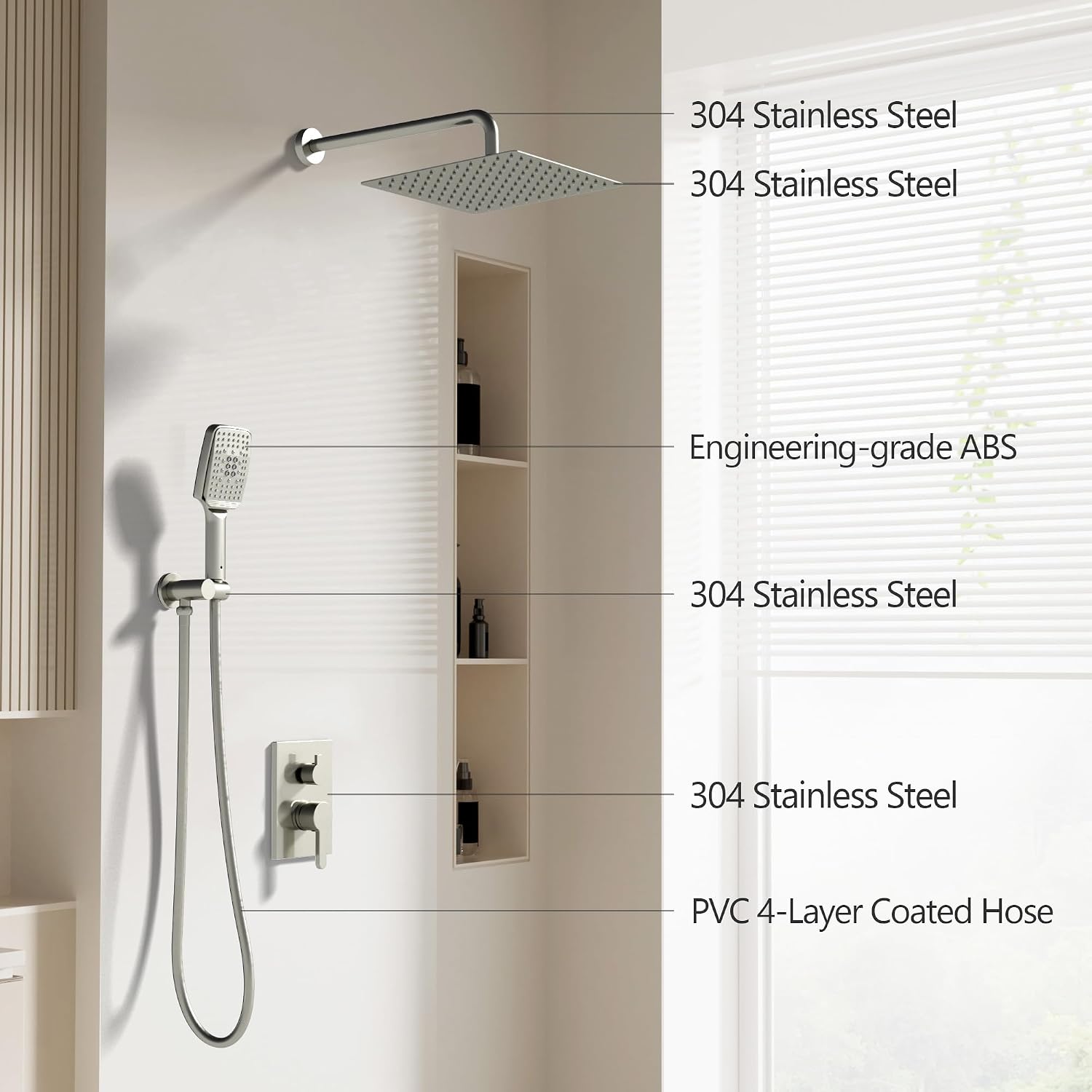 Shower Faucet Set - 12 inches Rain Shower System with 6 Function Handheld Shower Head Rough in Pressure Balance Valve Kit - Stainless Steel Bathroom Shower Kit Complete Brushed Nickel