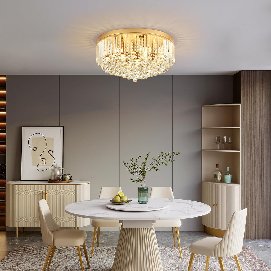 9-Light Gold Crystal Chandelier Contemporary 22'' Modern Semi Flush Mount Crystal Hanging Light Sparkling Decoration for Bedroom Entryway Living Dining Room Kitchen Island Hallway