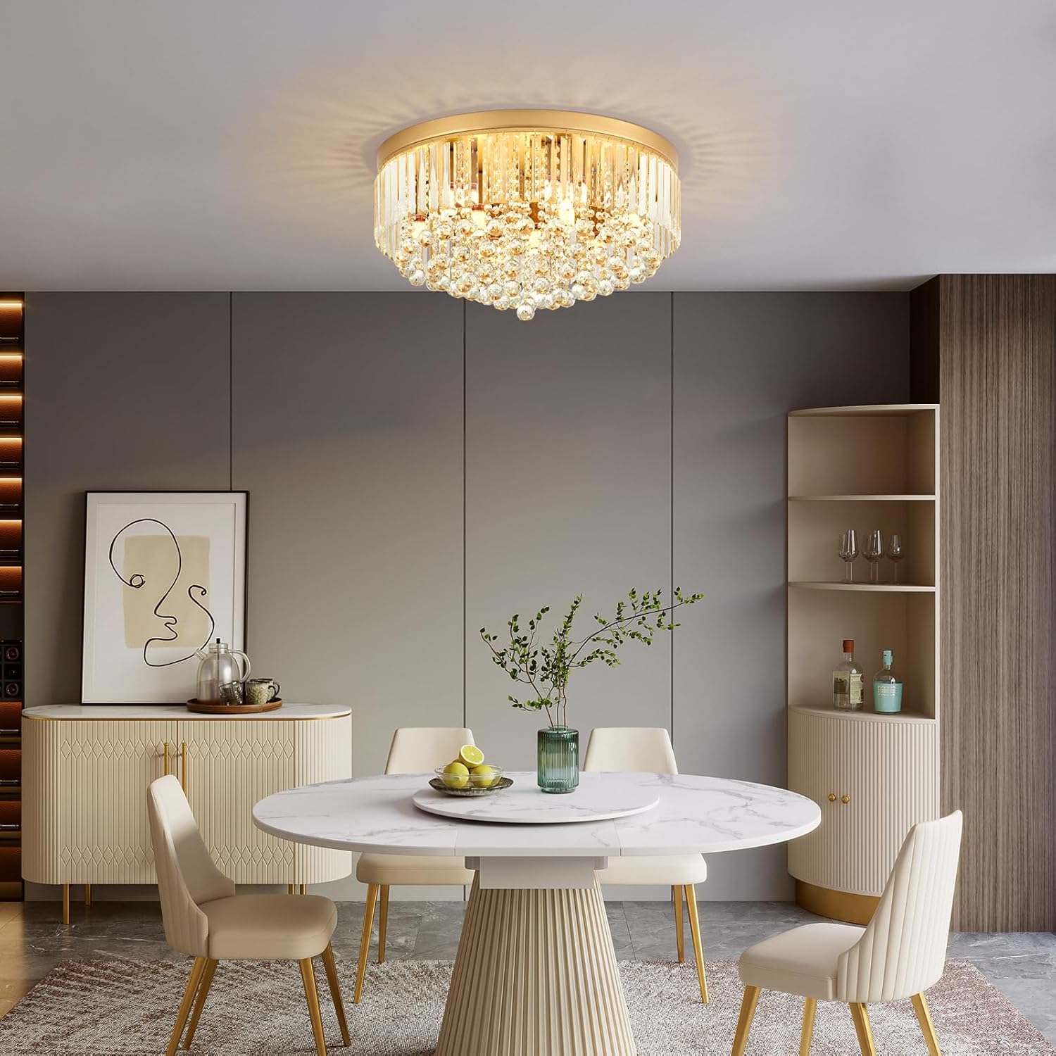 9-Light Gold Crystal Chandelier Contemporary 22'' Modern Semi Flush Mount Crystal Hanging Light Sparkling Decoration for Bedroom Entryway Living Dining Room Kitchen Island Hallway