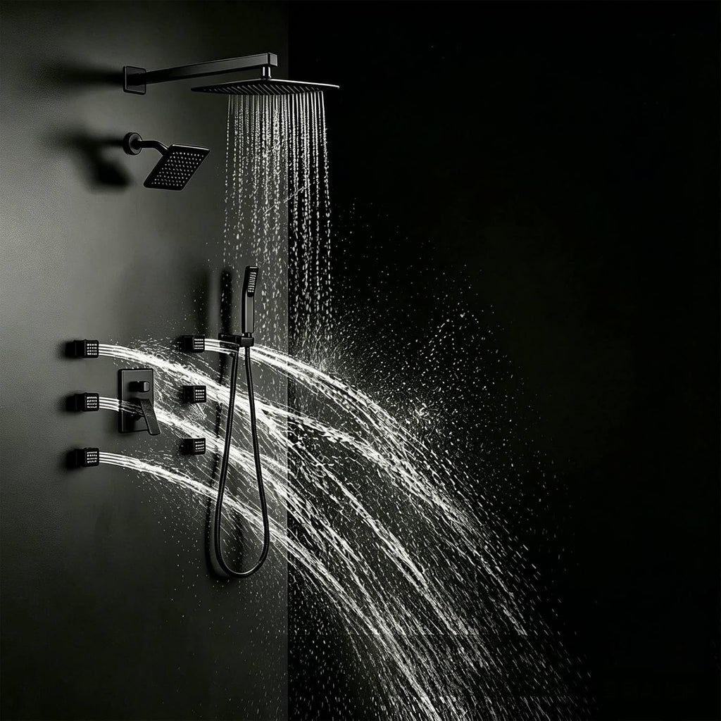 Shower System Matte Black Dual Shower Head with Body Jets, Oupukle Four Modes Shower Faucet Set Wall Mounted 12' & 6' Rain Shower Head with 6PCS Body Jets