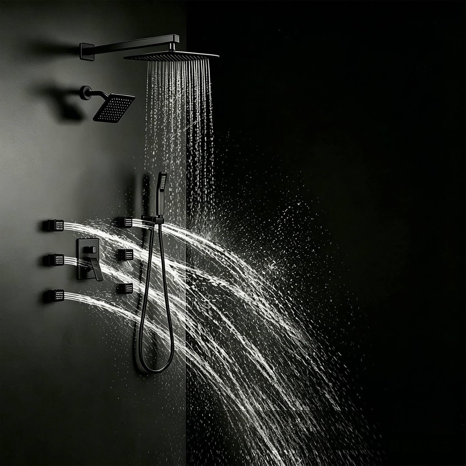Shower System Matte Black Dual Shower Head with Body Jets, Oupukle Four Modes Shower Faucet Set Wall Mounted 12' & 6' Rain Shower Head with 6PCS Body Jets