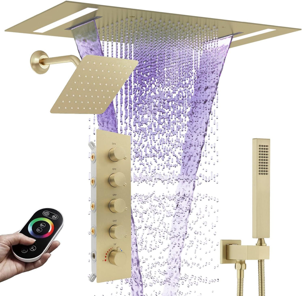Dual Rain Shower Head Thermostatic Luxury Spa Shower System And Ceiling Mount 14x20 Inch LED 4 Functions with 6 Inch Wall Head Shower Faucet Set,Brushed Gold