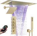 Dual Rain Shower Head Thermostatic Luxury Spa Shower System And Ceiling Mount 14x20 Inch LED 4 Functions with 6 Inch Wall Head Shower Faucet Set,Brushed Gold