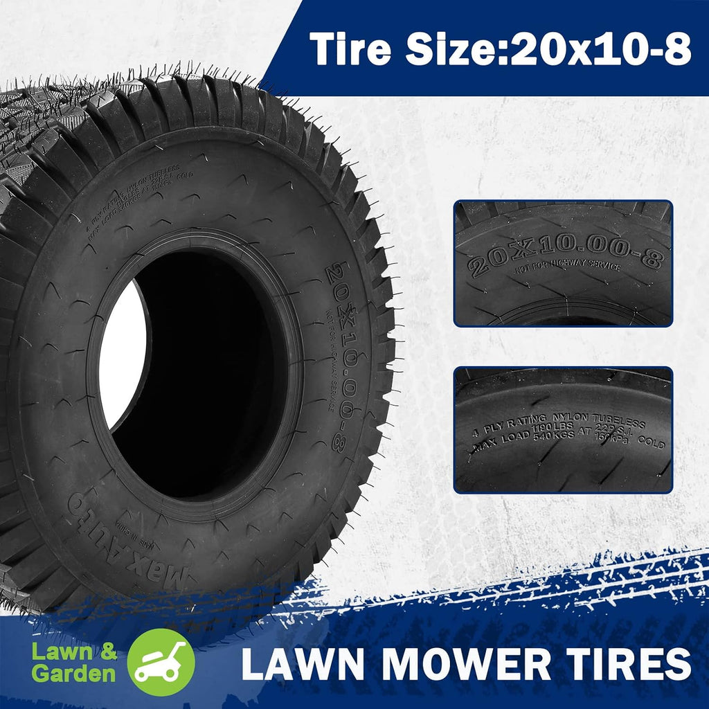 MaxAuto FOX V1 20x10.00-8 Lawn Mower Tires 4Ply Tubeless - Patent Design Fox V1 20x10-8nhs Golf Cart Tire, 20x10x8 Turf Tractor Tires for Golf Carts & Riding Lawn Tractors, Set of 2
