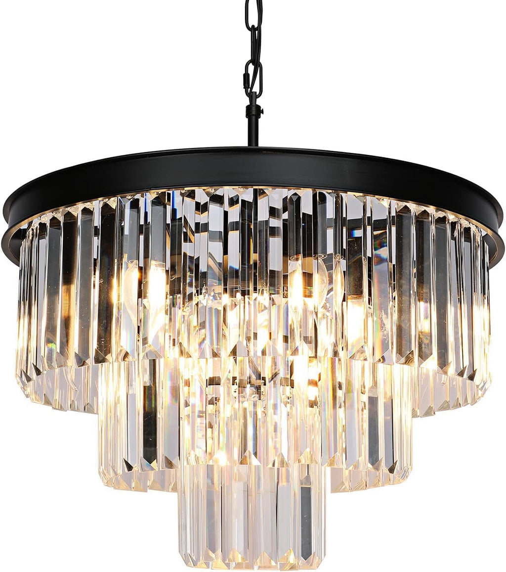 Weesalife Crystal Chandeliers for Dining Room Lights Fixtures, 9 Lights Black Modern Chandeliers for Bedroom, 3-Tier Round Crystal Lighting Fixtures for Living Room Entryway Kitchen Island D20 Inch