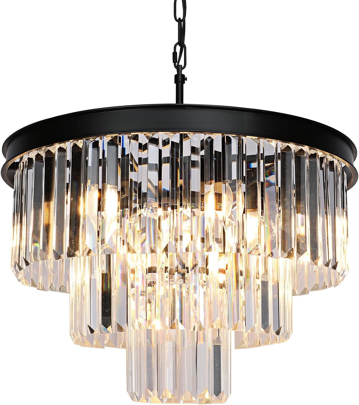 Weesalife Crystal Chandeliers for Dining Room Lights Fixtures, 9 Lights Black Modern Chandeliers for Bedroom, 3-Tier Round Crystal Lighting Fixtures for Living Room Entryway Kitchen Island D20 Inch