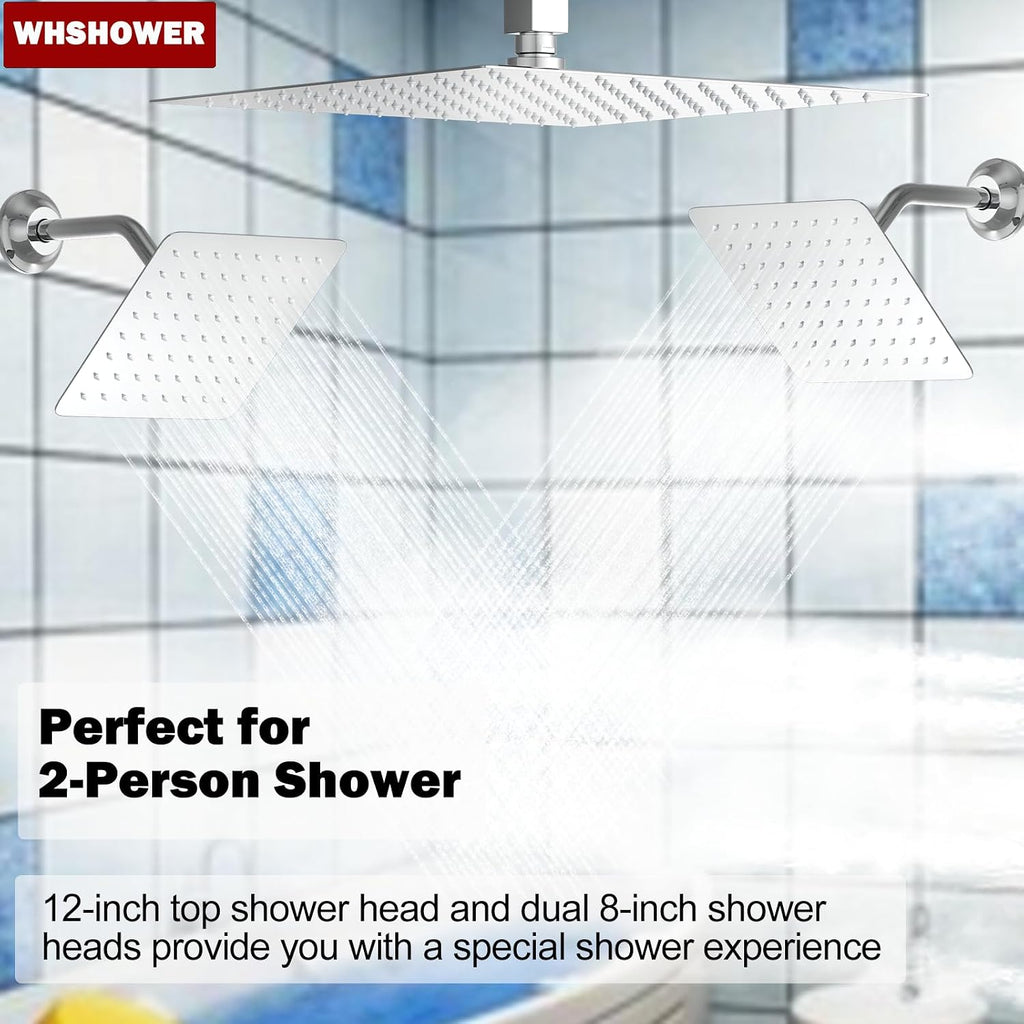 Triple Shower Head Shower System Chrome Full Body Shower System with Digital Display Shower Valve, 12'+8'+8' Three Top Shower Heads,Handheld Shower and Body Jets