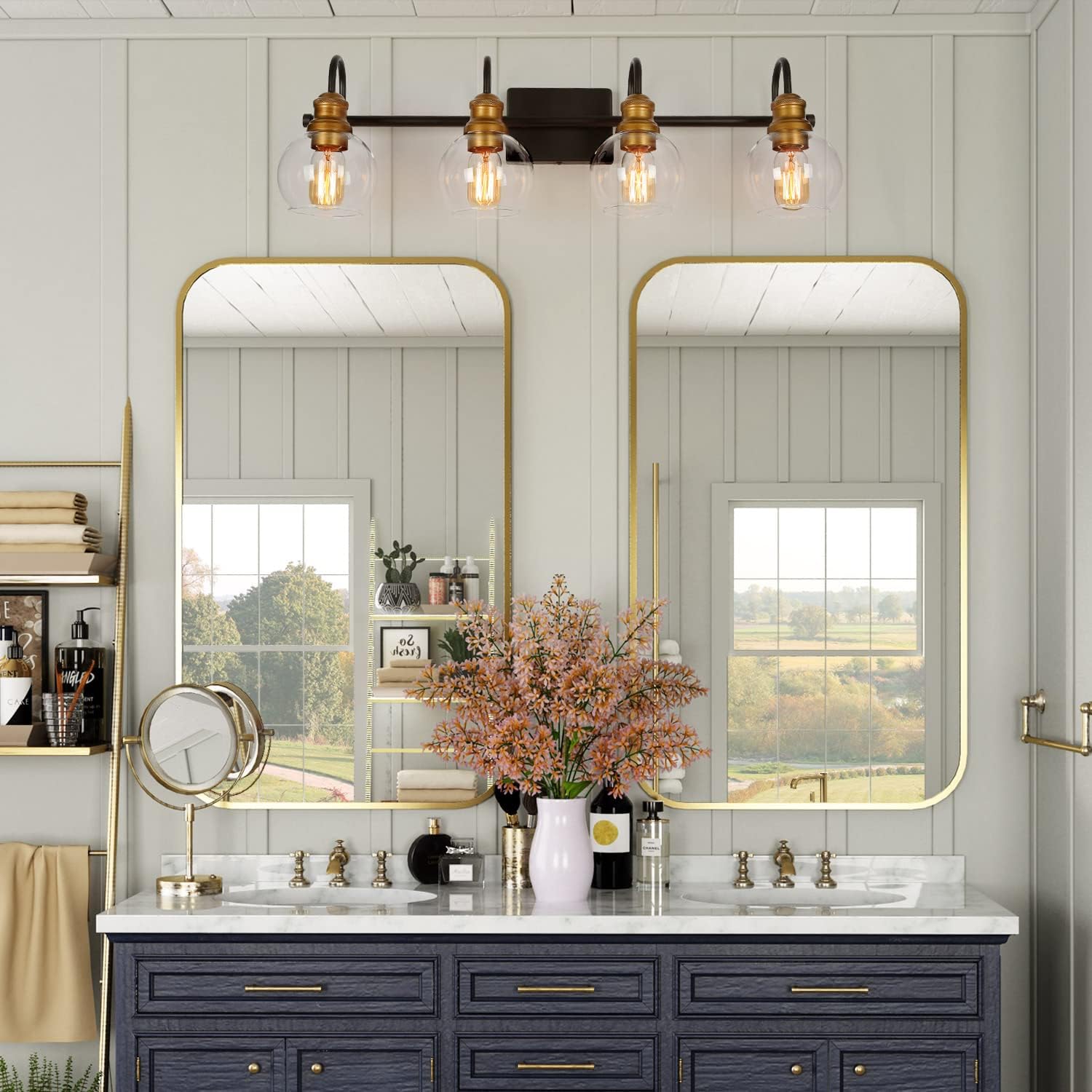 LALUZ Bathroom Vanity Light, 4-Light Black Bathroom Light Fixtures with Oil Rubbed Bronze Finish, Modern Farmhouse Vanity Lights with Clear Globe Glass Shade (L 29.5' x W 7' x H 9')