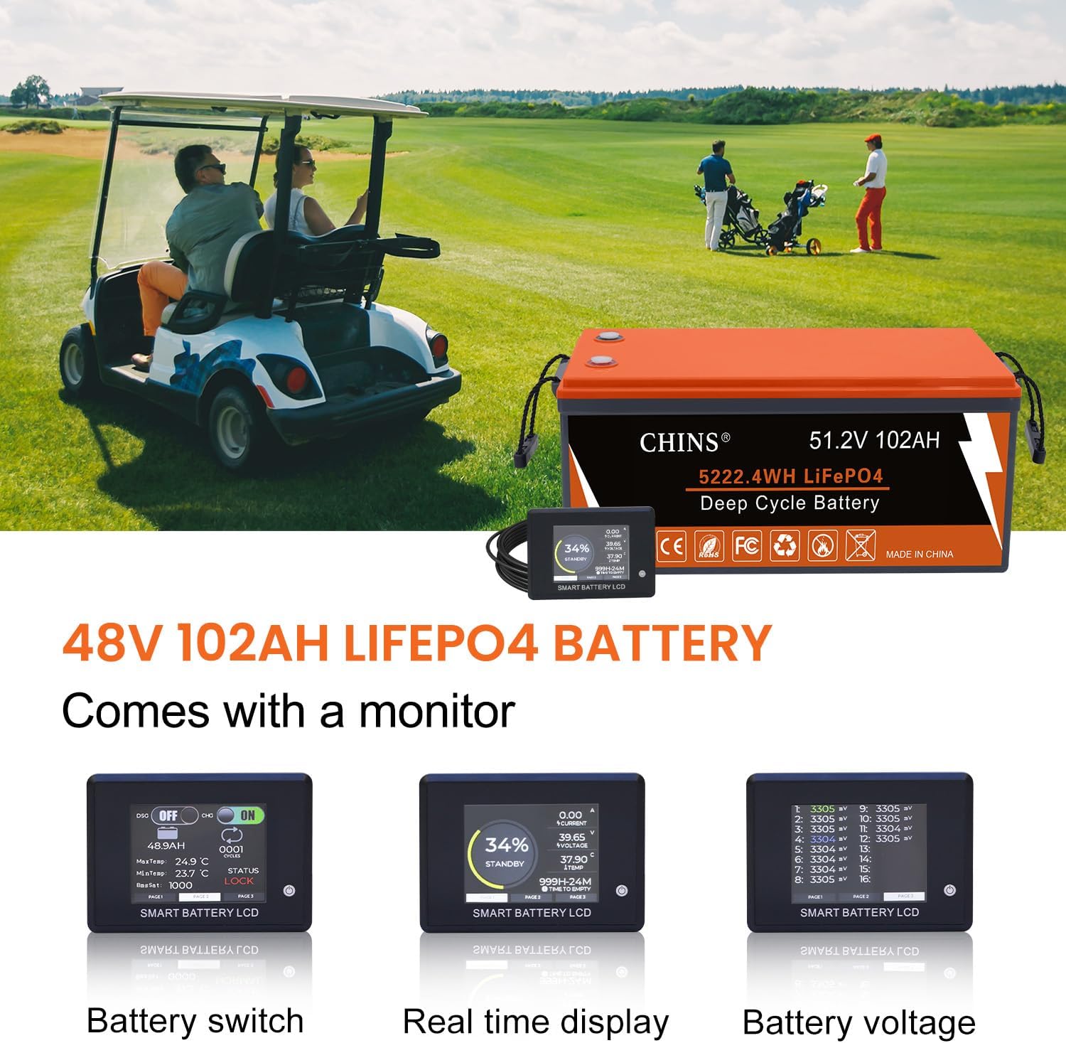 CHINS 48V 102Ah Golf Cart Battery, Built-in Smart 200A BMS, 4000+ Cycles Rechargeable, 48V Lithium Battery Perfect for Golf Cart