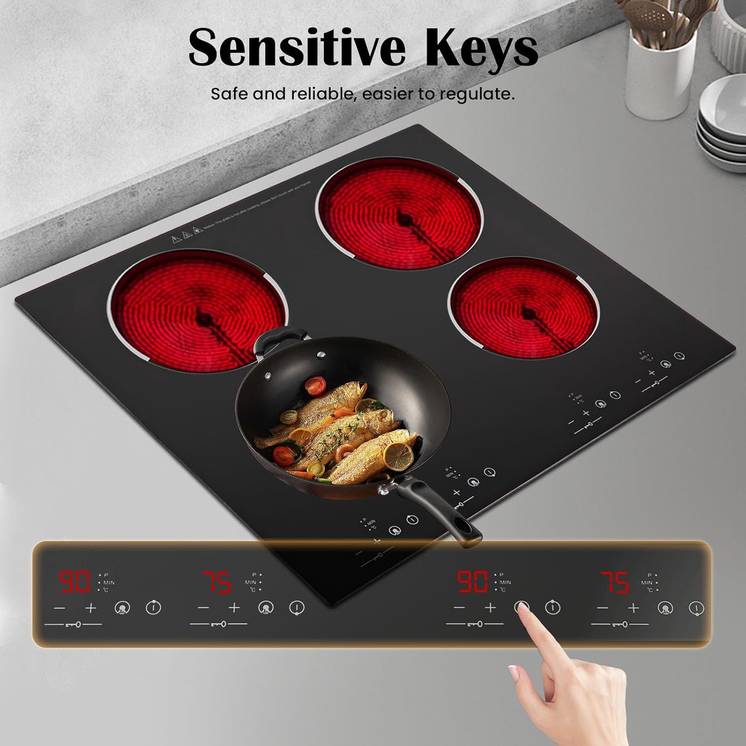 4 Burner Electric Cooktop 110v, 24 Inch Electric Stove Countertop & Built-in, Cooktop with 9 Power Levels, Sensor Touch Control, Safety Lock, Timer, 3000W, No Plug (4 Burners)