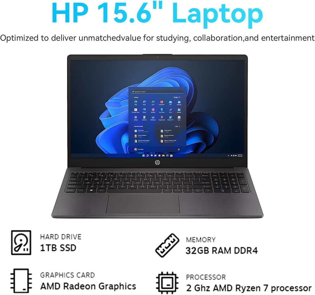 HP Business and Study Laptop 2025 Updated, 15.6' FHD, AMD Ryzen 7 7730U (16GB RAM | 1TB SSD), Numeric Keypad, Webcam, Windows 11 Pro, WiFi 6& Bluetooth with LTP Accessory Kit