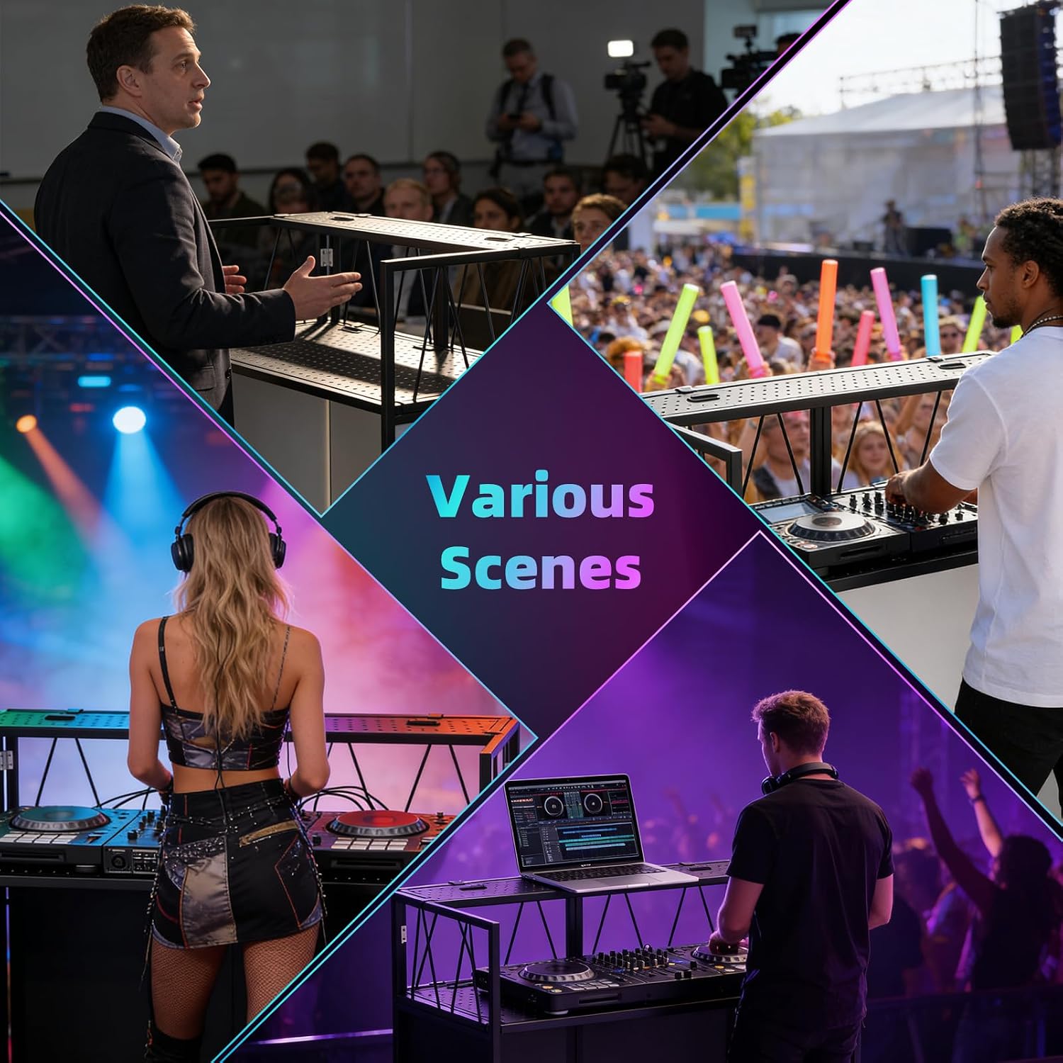 Portable DJ Table Stand, Tool-Free Setup Foldable 40' x 20' DJ Stand Booth w/ 2 Top Trays, Black & White Scrims, 4IN Adjustable Leveling Feet, 5 Cable Holes and Carry Bag, for Parties, Events, Studios