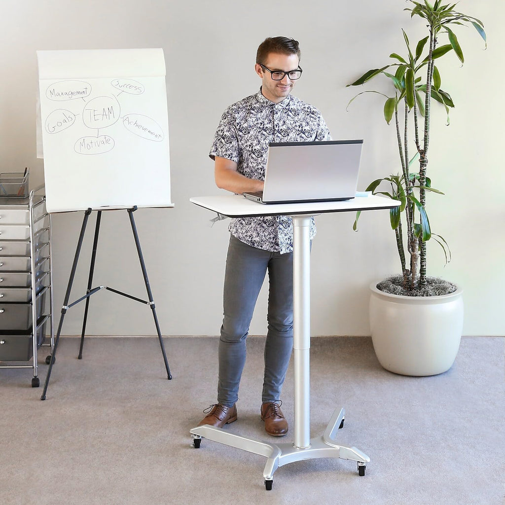 Seville Classics AIRLIFT XL 28' Pneumatic Height Adjustable Sit-Stand Mobile Laptop Computer Desk Cart (27.1' to 41.9' H), White