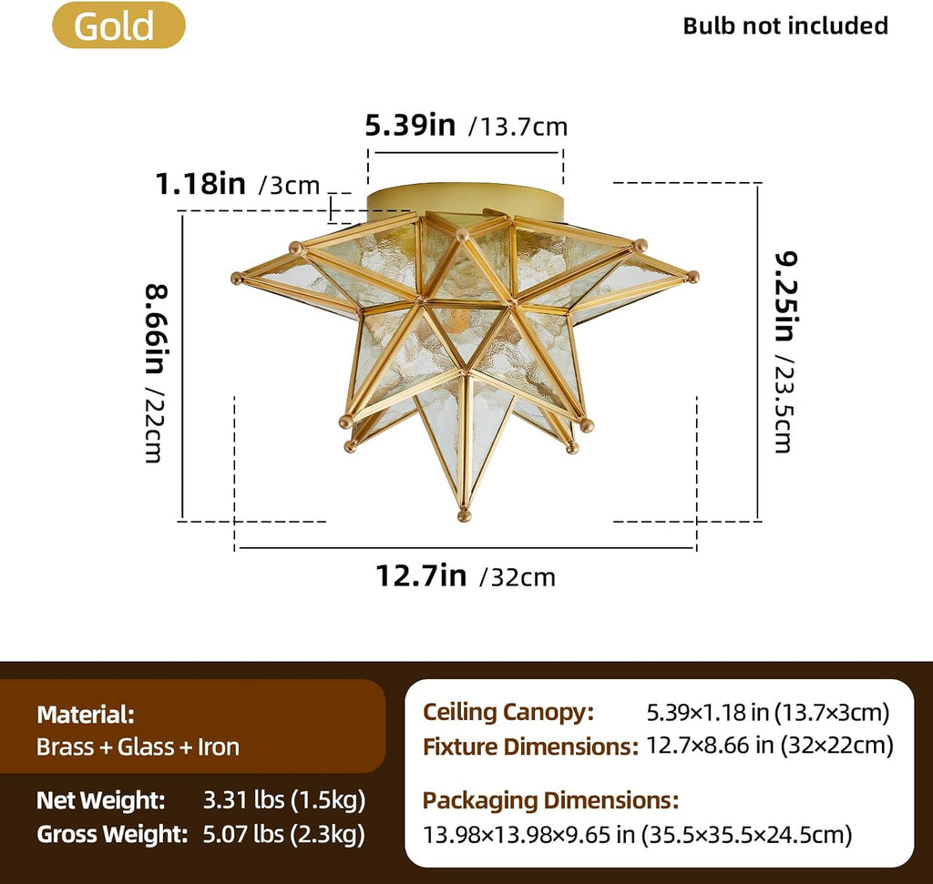 Gold Moravian Star Ceiling Light - 12.7 Inch Brass Vintage Flush Mount Lighting Fixtures with E26 Base - Art Deco Modern Moroccan Glass Fixture Lights for Hallway Kitchen Farmhouse Bedroom Entryway