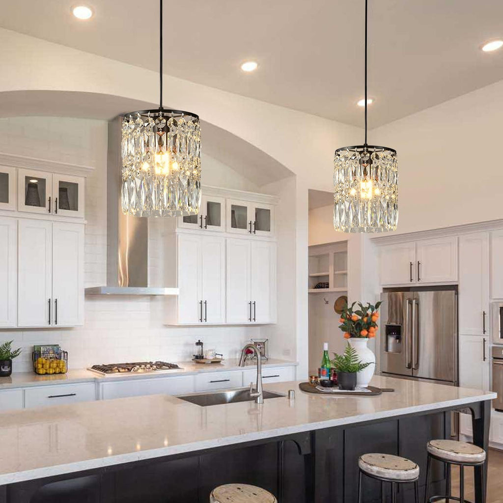Modern K9 Crystal Chandeliers for Dining Room Black Pendant Light Fixtures Unique Kitchen Island Lighting Height Adjustable Ceiling Light for Bedroom Living Room Compatible with E26 Bulb (2-Pack)