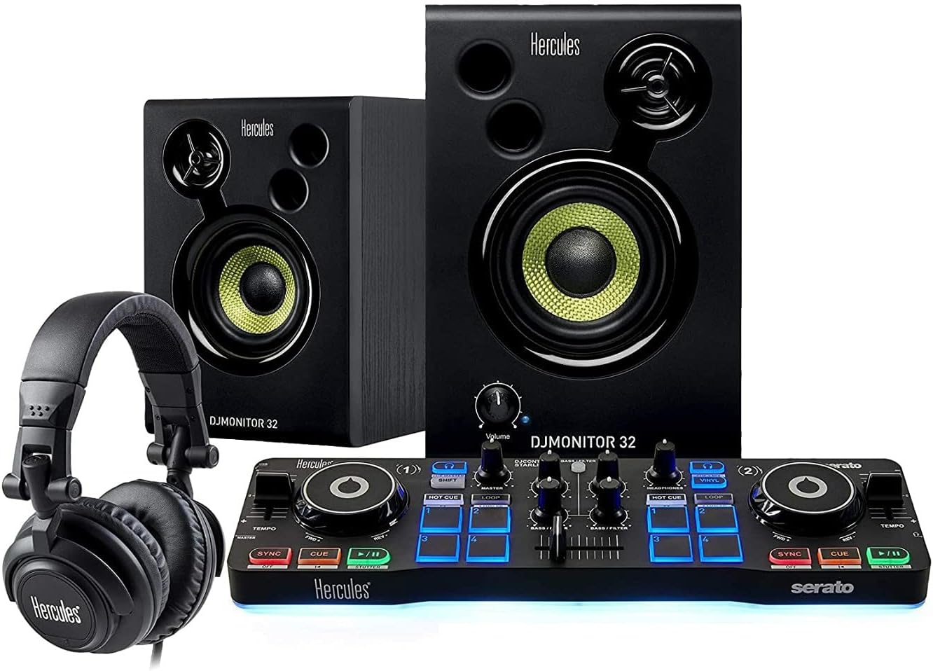 Hercules DJ Starter with Serato DJ Lite Controller and DJMonitor 32 Active Speakers Bundle With Headphones, Laptop Stand and 4-Port USB 3.0 Hub (3 Items)