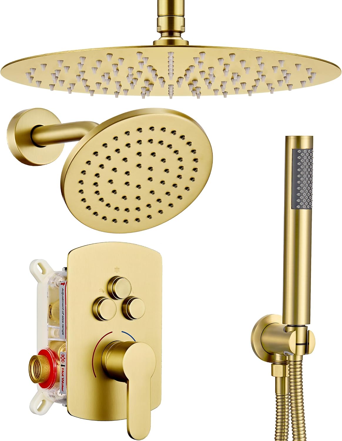 Dasan Rainfall Full Body Shower Faucet System with 12'' Round Shower & 6'' Round Shower,Brushed Gold Dual Shower Head Faucets Set with Handheld & Valve, Double Shower Head System for Couples/ 2-Person