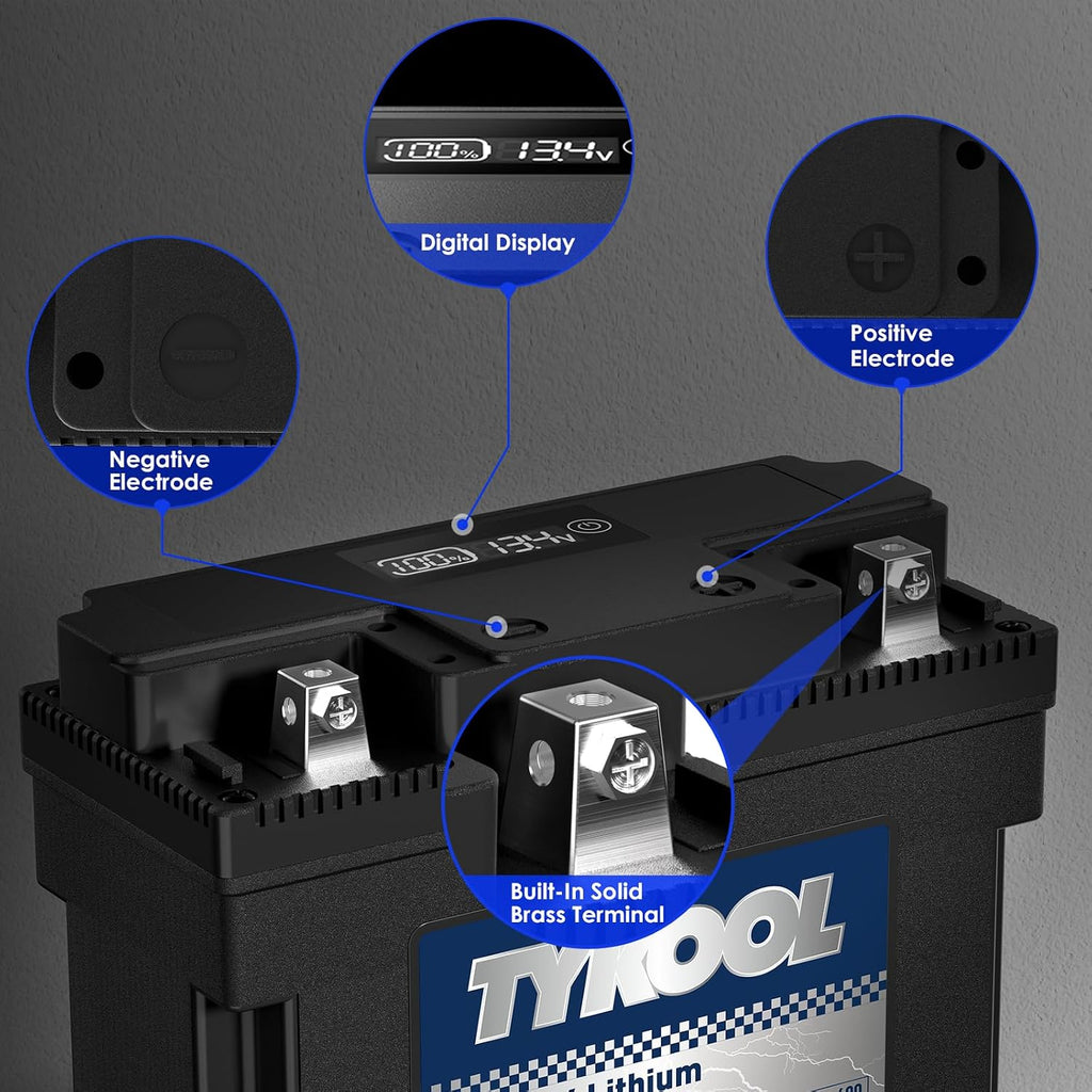 TYKOOL LFP51913 Lithium Motorcycle Battery, Replaces 51913 YT19BL-BS PC680, 600CCA 12Ah, Fits for BMW R1150RT R1150GS R1200RT R1200C K1200LT K1200GT Moto Guzzi California 1100, Digital Readout [- +]