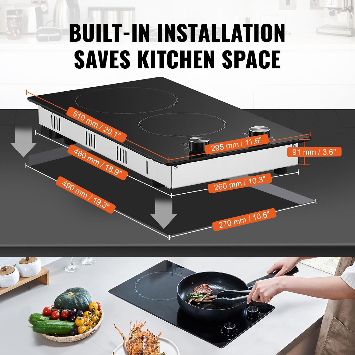 Happybuy 12-inch 2-Burner Electric Cooktop, 1800W Ceramic Radiant Stove, Glass Panel, Knob Control, 11 Heat Levels, 120V, Built-in, for Versatile Cooking