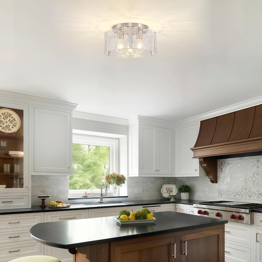 14.9 Inch Modern Semi Flush Mount Ceiling Light, Nickel Glass Ceiling Light Fixture 3-Light Kitchen Island Light Fixtures Ceiling Light for Foyer Hallway Bedroom Laundry Entryway Lighting Fixtures
