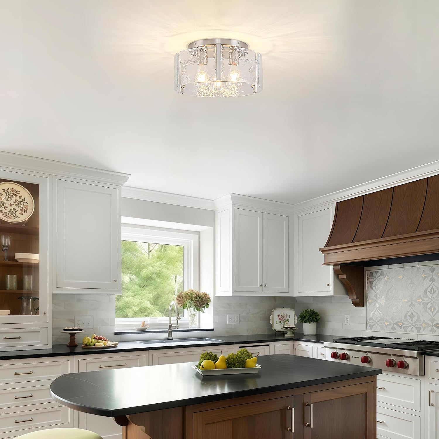 14.9 Inch Modern Semi Flush Mount Ceiling Light, Nickel Glass Ceiling Light Fixture 3-Light Kitchen Island Light Fixtures Ceiling Light for Foyer Hallway Bedroom Laundry Entryway Lighting Fixtures