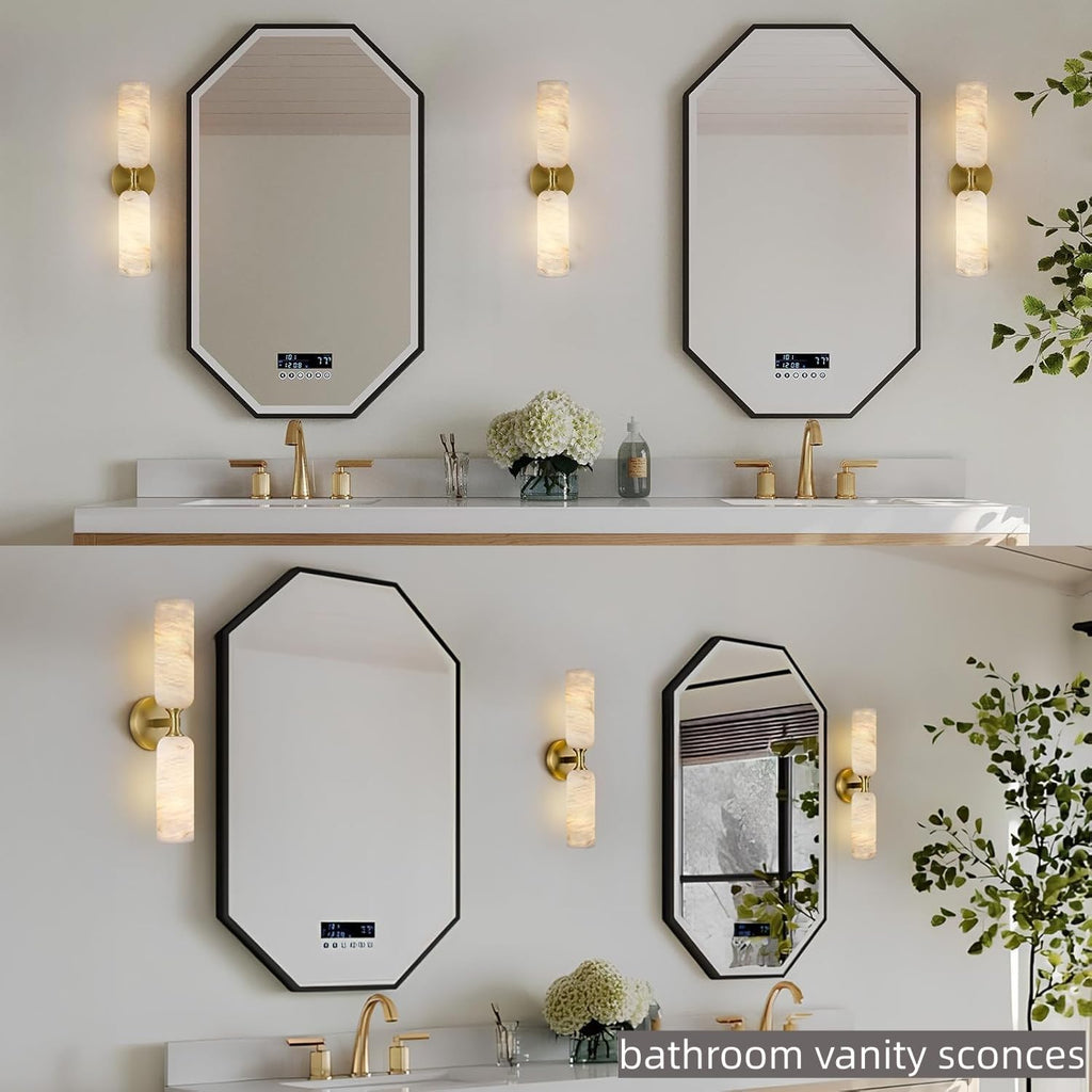 20in Alabaster Wall Sconces Set of Two, Modern Spanish Natural Marble Bathroom Vanity Sconces, Brass Alabaster Sconce Wall Lighting, Gold Wall Light Fixtures Decor for Bedroom Living Room Staircases