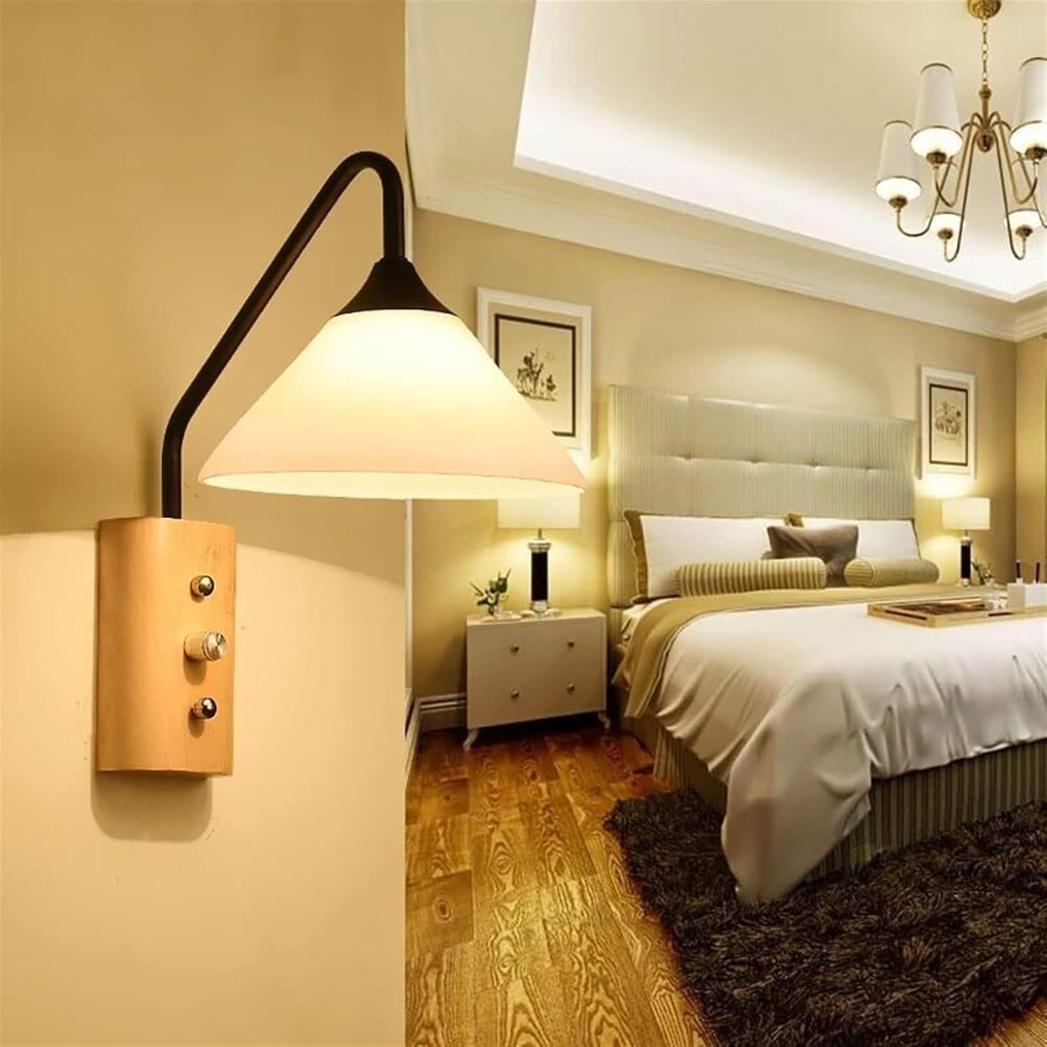 Wall Lamp Modern Minimalist Wrought Iron Wall Sconce with Switch Nordic Black Wall Light Indoor Lighting Reading Light Fixture Mid Century Wood Wall Lamp for Living Room Cloakroom Aisle Porch Decor(Da