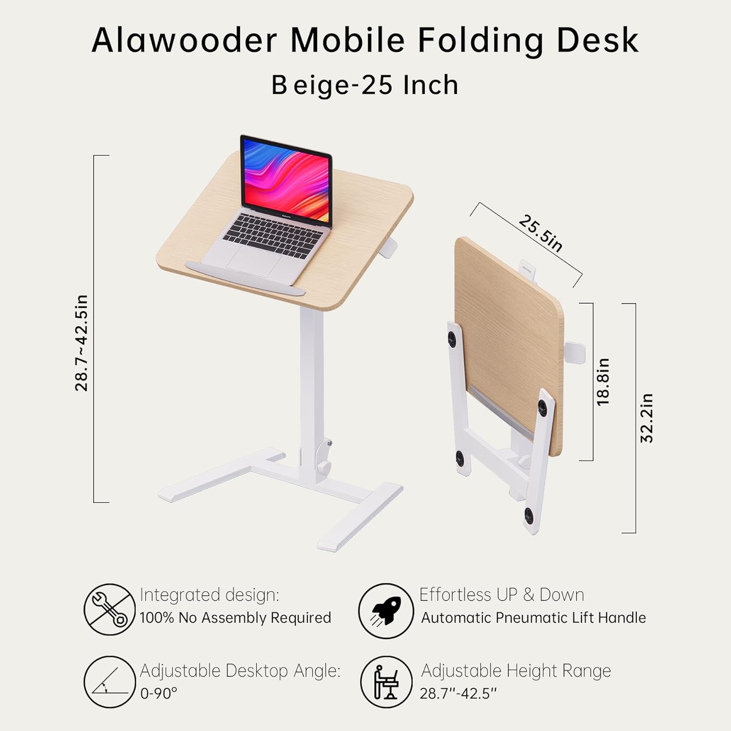 alawooder 25 Inch Mobile Folding Desk - No Assembly, Pneumatic Sit-Stand, 29-42' Height Adjustable Rolling Laptop Desk with Hidden Wheels, 0-90° Tilt Top for Home Office, Craft & Study