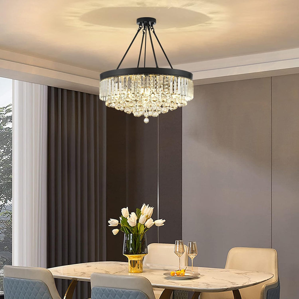 Black 9-Light Crystal Chandelier 22'' Modern Semi Flush Ceiling Crystal Hanging Light Fixture Sparkling Decoration for Entryway Bedroom Living Dining Room Kitchen Island Hallway Foyer