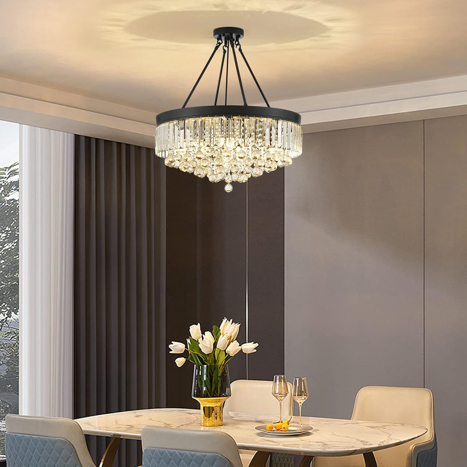 Black 9-Light Crystal Chandelier 22'' Modern Semi Flush Ceiling Crystal Hanging Light Fixture Sparkling Decoration for Entryway Bedroom Living Dining Room Kitchen Island Hallway Foyer