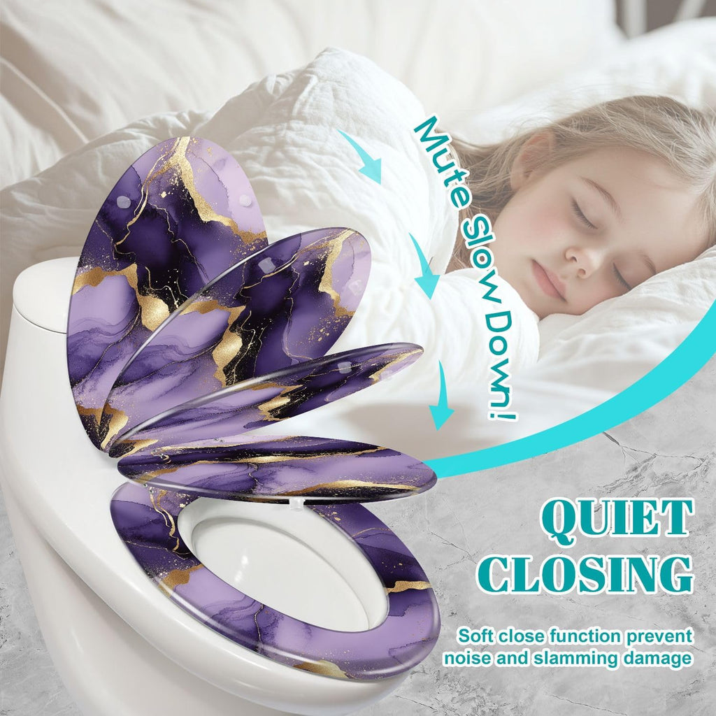 Elongated Toilet Seat Purple marble gold stripes alcohol ink Luxury violet black watercolor Resin Toilet Seat Slow Quiet Close Lid with Quick-Release Hinges Cover Bumpers Easy to Clean Install