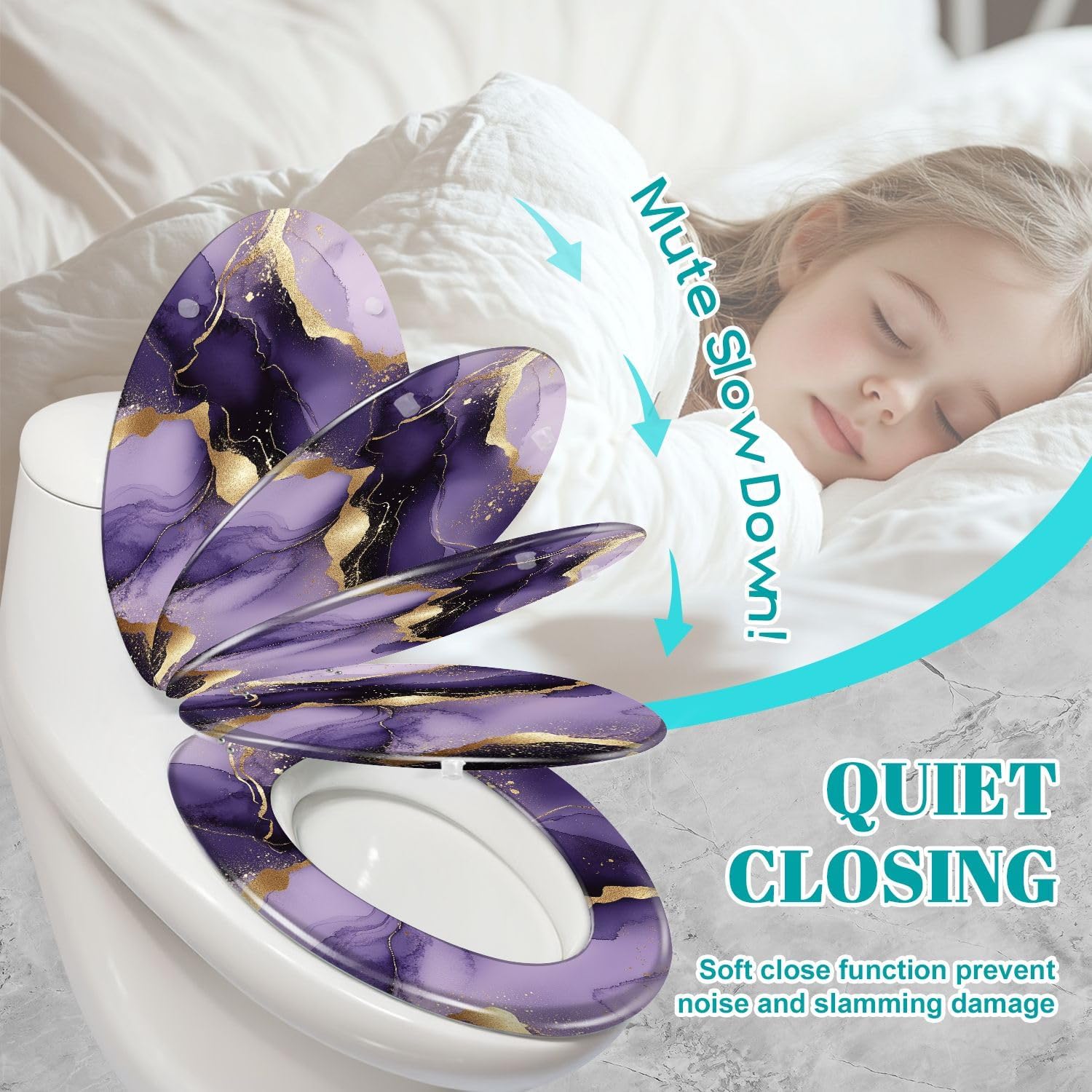 Elongated Toilet Seat Purple marble gold stripes alcohol ink Luxury violet black watercolor Resin Toilet Seat Slow Quiet Close Lid with Quick-Release Hinges Cover Bumpers Easy to Clean Install