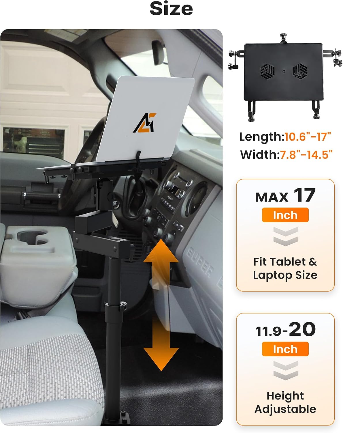 MELIPRON Truck Laptop Mount Fit for Ford F250-F750 1999-2026, Ford Excursion 2000-2005, No-Drilling Vehicle-Specific Laptop Holder with Cooling Fan Adjustable Height for Work on The Go