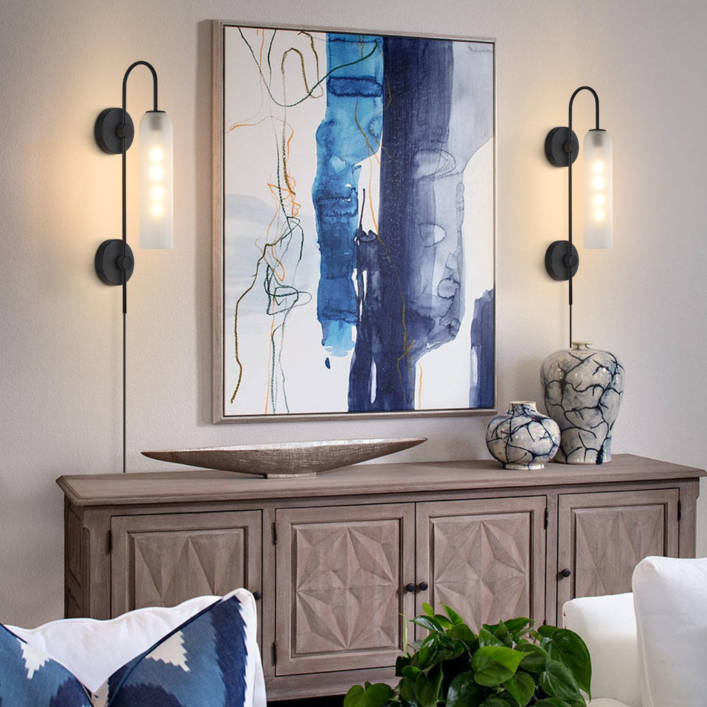 BOKT Black Wall Lights Plug in for Bedroom, Frosted Milky White Glass Wall Sconce Decor, Large Modern Wall Sconces for Living Room