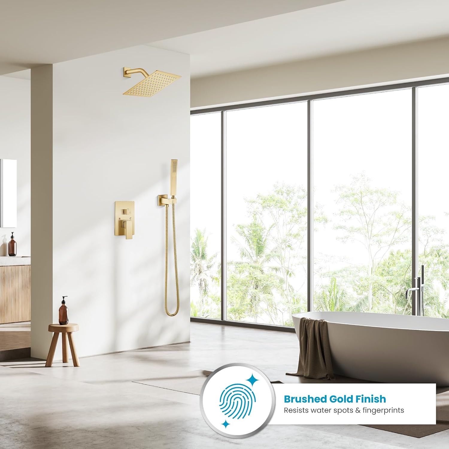gotonovo Rainfall Bathroom Shower System Rain Shower Head and Handle Set Wall Mounted Shower Complete Combo Solid Brass Pressure Balancing Shower Mixer Valve 8 Inch Brushed Gold