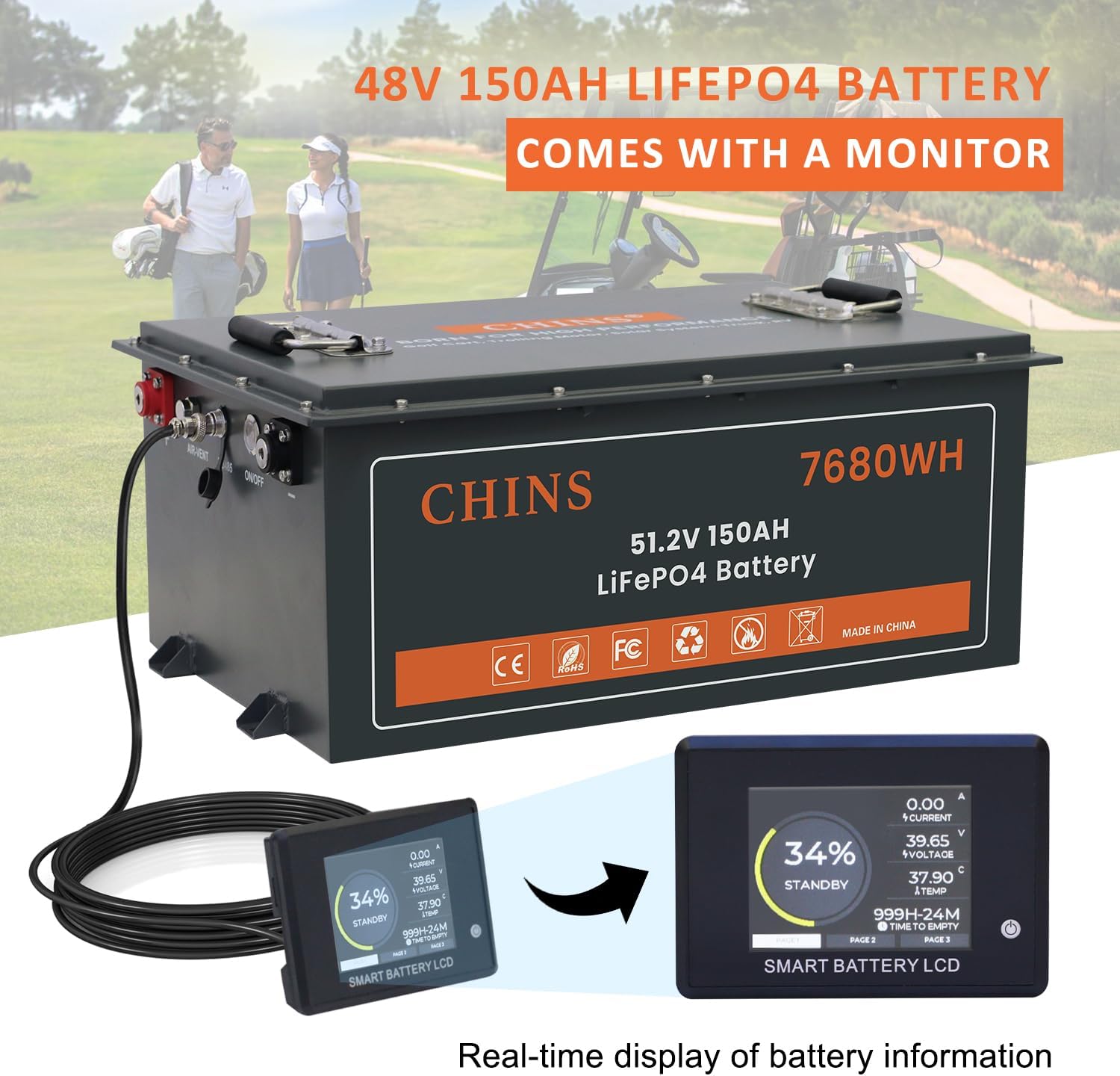 CHINS 48V 150Ah Lithium Golf Cart Battery with 48V 18A Lithium Charger, Built-in Smart 200A BMS, with Touch Monitor & Mobile APP, 4000+ Cycles Rechargeable LiFePO4 Battery, Max 10.24kW Power Output