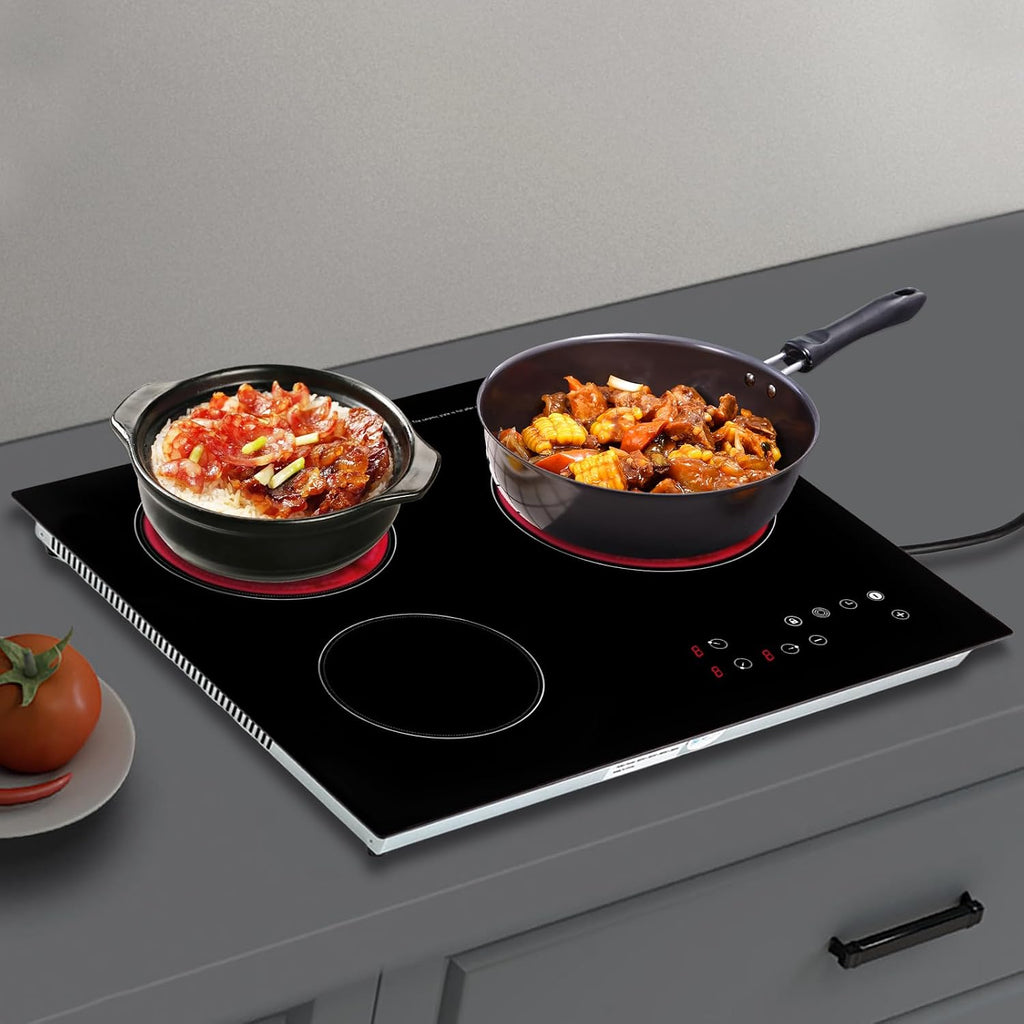 3 Burner Electric Ceramic Cooktop, 2600W Built-in Stove Top 110V Countertop Electric Induction with Timer, Child Safety Lock, Sensor Touch Control for Iron Pots, Stainless Steel Pots