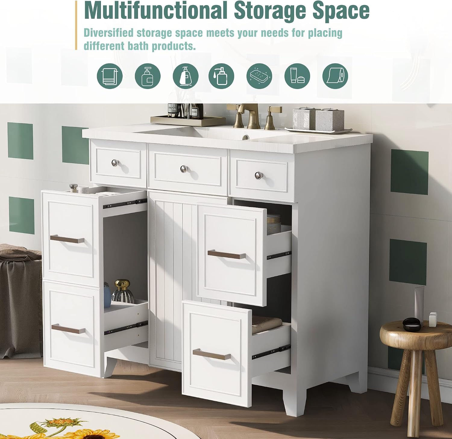 LUMISOL 36' Bathroom Vanity with Sink Top, Modern Bathroom Vanity with 3 Drawers & Cabinet, Solid Wood Bathroom Cabinet with Undermount Basin, White