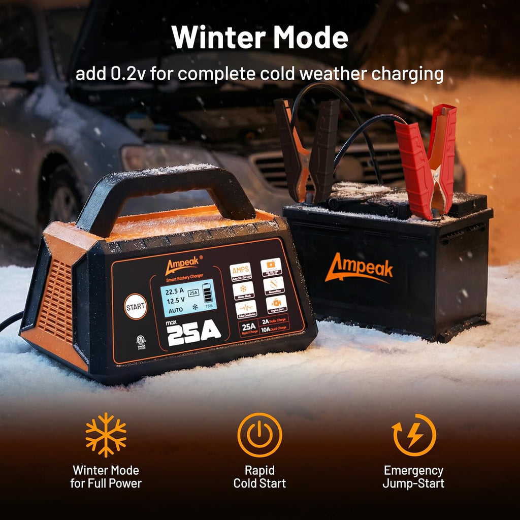 Ampeak 25A 12V Battery Charger and Trickle Charger, 2A/10A/25A Automatic Battery Maintainer with Winter Mode & Auto Desulfator for Car, Truck, Lead-Acid, LiFePO4 Batteries