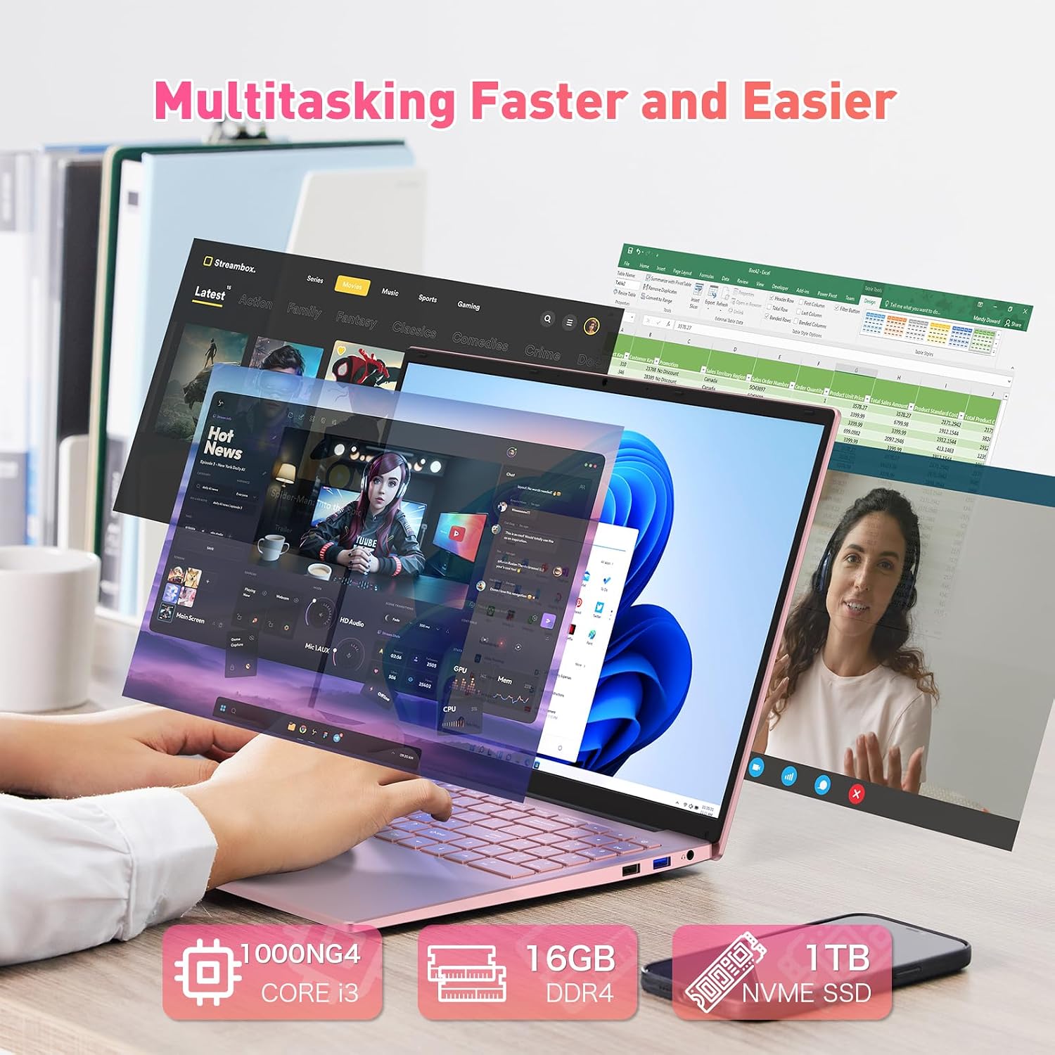 Auusda 16' FHD Traditional Laptop Computers, i3 Processor, WiFi 6 Bluetooth 5.3, Laptops Notebook for Home Office Study, Type-C, Backlit Keyboard, Fingerprint Unlock, Win11 Pro 16GB RAM 1TB SSD Pink