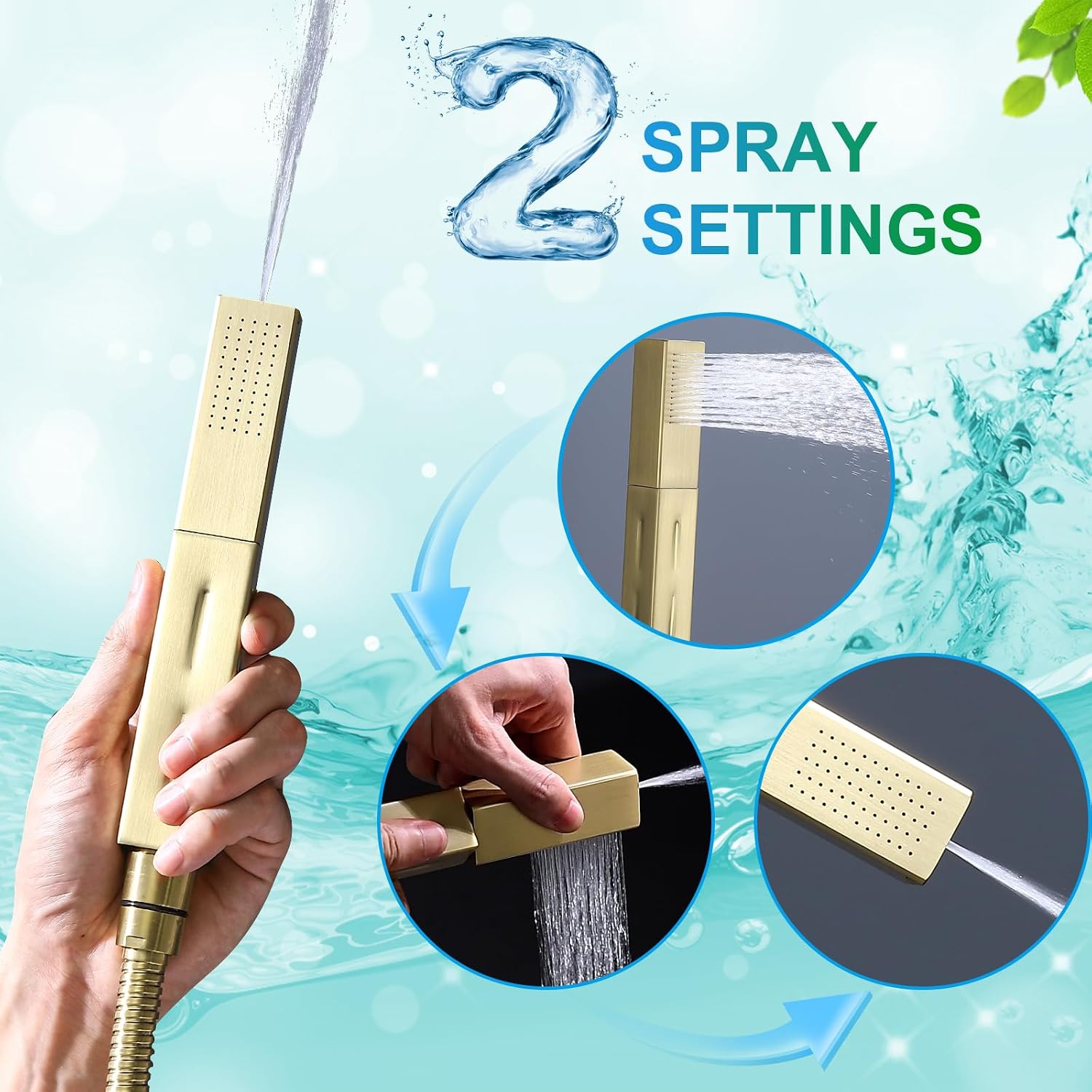 Brushed Gold Faucets Set Thermostatic Shower System, 4-Way Luxury Shower Fixture 14X20Inch LED Waterfall Rainfall Shower Head with Waterfall Tub Spout and Dual-mode Handheld